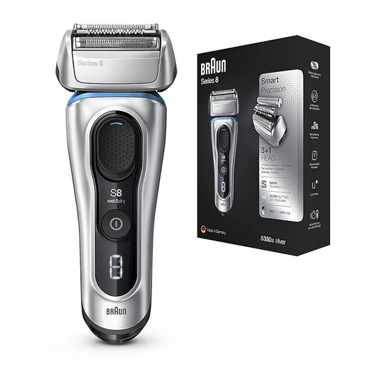 Braun Series 8 8330s Next Generation, Electric Shaver for Men, Rechargeable and Cordless Razor, Silver, Fabric Travel Case, Wet and Dry, Foil Shaver