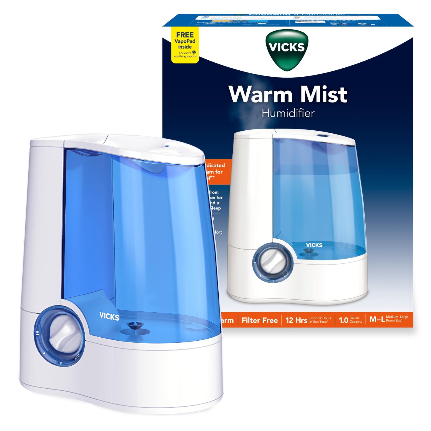 Vicks Warm Mist Humidifier - Air Humidifier for Bedroom, Home & Large Room, Baby, Kids and Adults Soothing Steam Vaporizer for Cough, Congestion, Allergies & Dry Air, VapoSteam Compatible