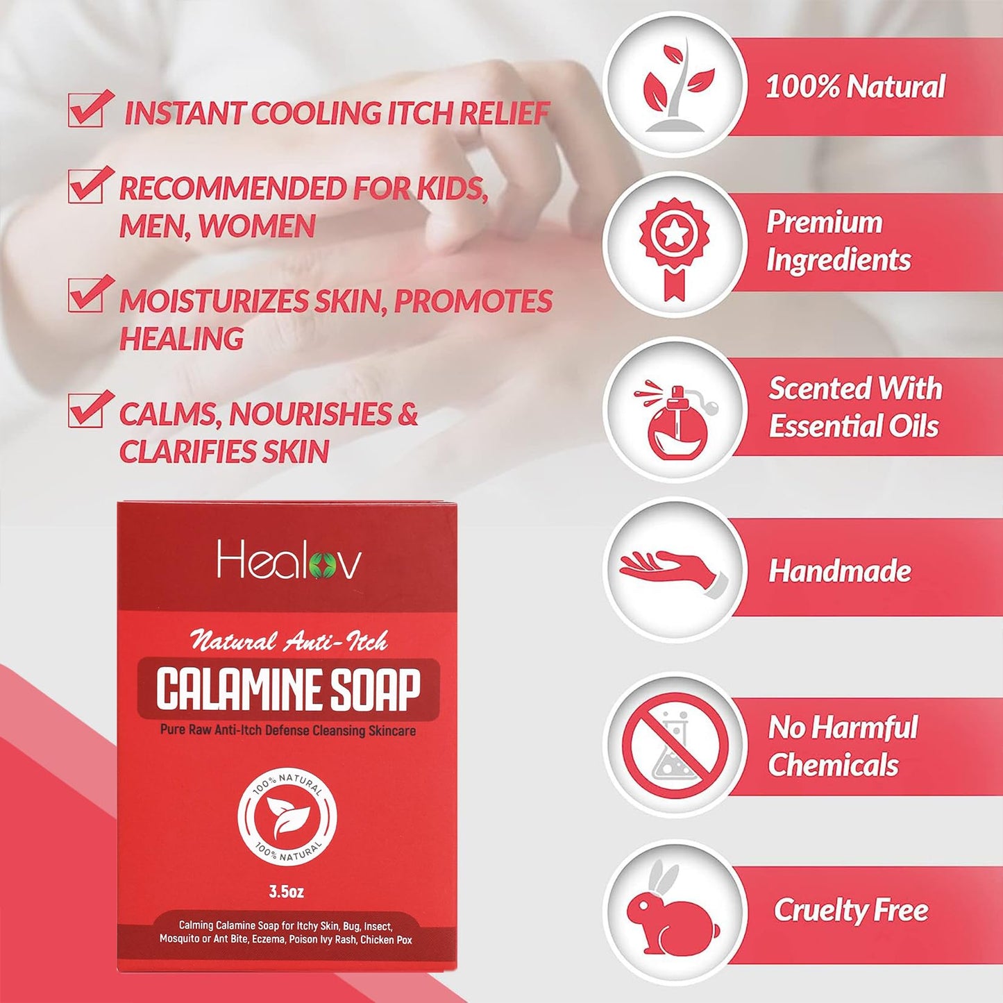 Calamine Soap Bar for Itching – All Natural Instant Itch Relief – Calming Calamine Soap for Itchy Skin, Insect Bite, Eczema, Ivy Rash, Chicken Pox – Pure Raw Anti-Itch Defense Cleansing Skincare