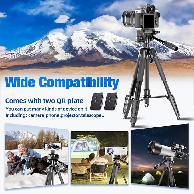 Camera Tripod, 74" DSLR Camera Tripod with 2 QR Plates for Sony/Nikon/Canon, Lightweight Video Tripod Stand for Travelling, Phone Tripod with Fluid Head/Phone Holder/Wireless Remote Max.Load 6kg