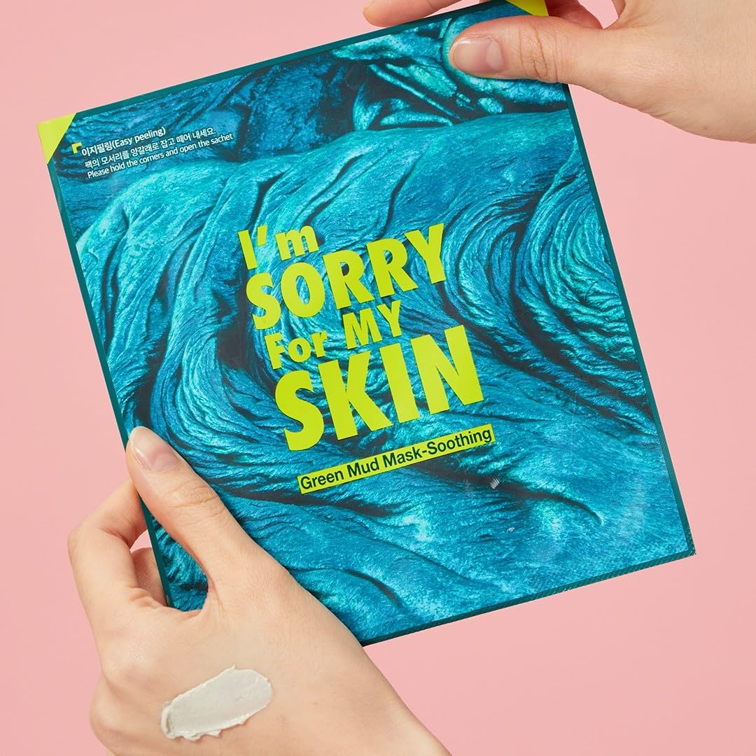 I'M SORRY FOR MY SKIN Bentonite Clay Mud Sheet Masks Set, Korean Skin Care, Exfoliating Face Masks with Volcanic Ash, Sebum Control, Pore Minimizer, Tightening, Soothing (Black 2pcs & Green 2pcs)