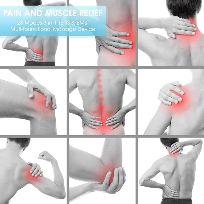 3-in-1 TENS Unit Muscle Stimulator, EMS Massage Machine with 40 Intensities for Gradual Shoulder, Sciatica, Back Pain Relief, Muscle Recovery, 28 Modes Portable Dual Channel with 8 Electrodes Pads