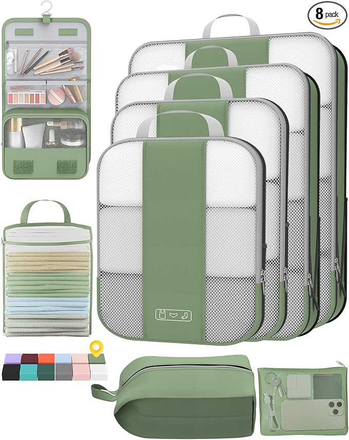 8 Set Compression Packing Cubes for Travel Essentials,Compressible Expandable Packing Cubes for Suitcase,OlarHike Luggage Organizer Bags for Travel,Handy Helper for Organizing Clothes(Matcha Green)