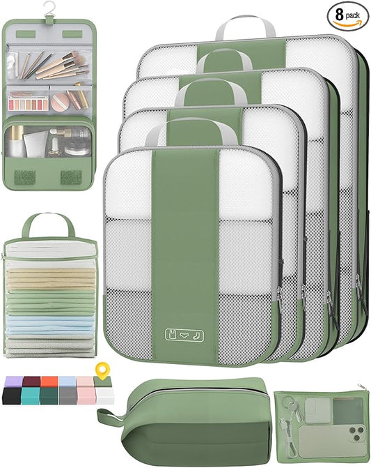 8 Set Compression Packing Cubes for Travel Essentials,Compressible Expandable Packing Cubes for Suitcase,OlarHike Luggage Organizer Bags for Travel,Handy Helper for Organizing Clothes(Matcha Green)