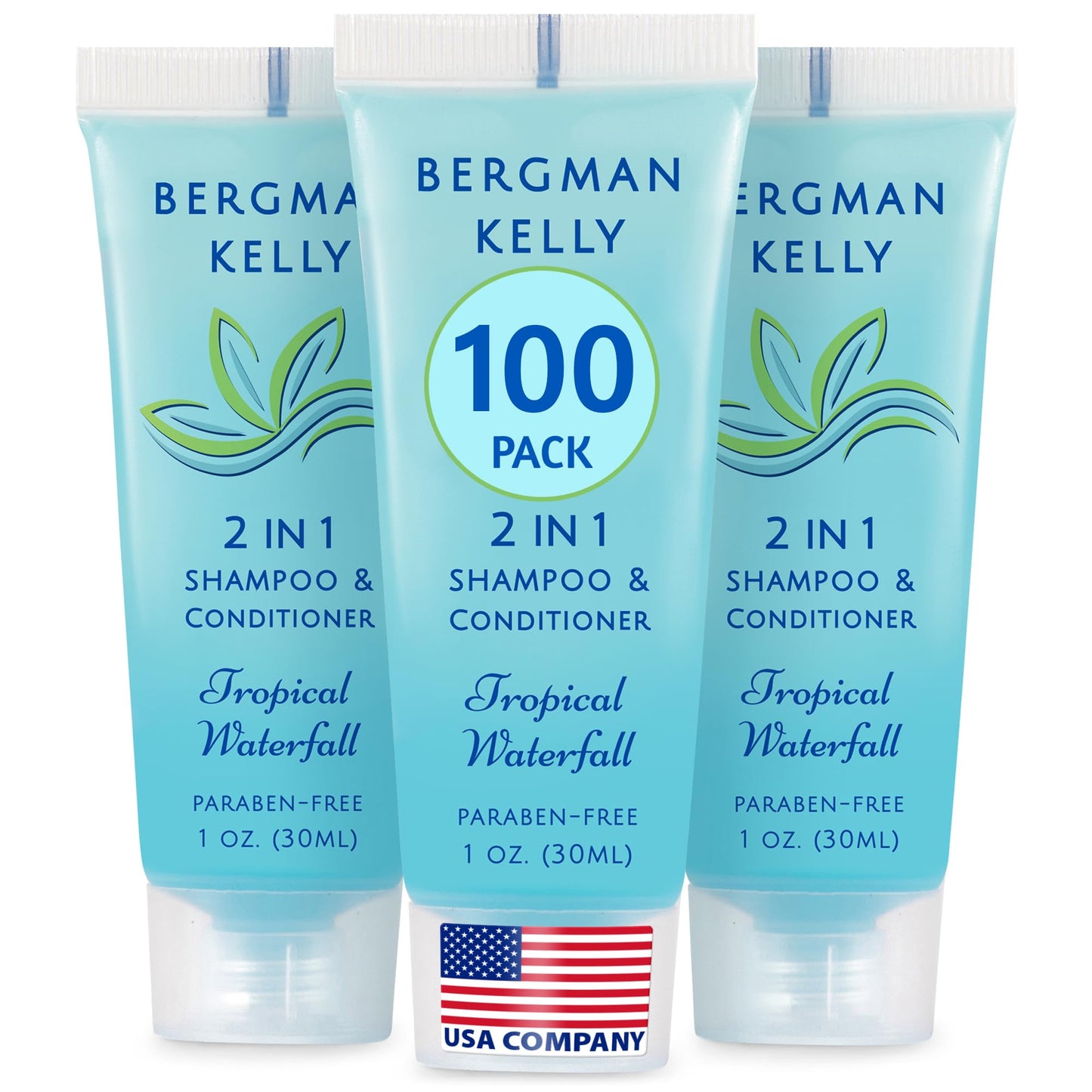 Bergman Kelly - Travel Size 2 in 1 Shampoo & Conditioner - 1 fl oz, 100 PK, Tropical Waterfall - Delight Your Guests w/Invigorating & Refreshing Shampoo Amenities - Small Hotel Toiletries in Bulk
