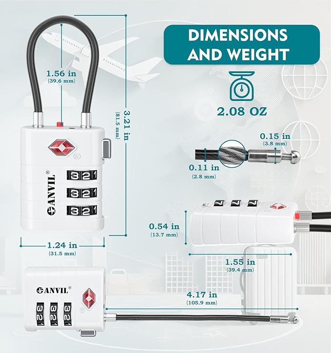 ANVIL TSA Approved Luggage Locks – High Security TSA008 Combination Travel Locks with Inspection Indicator for Suitcases and Backpacks. (3, White)