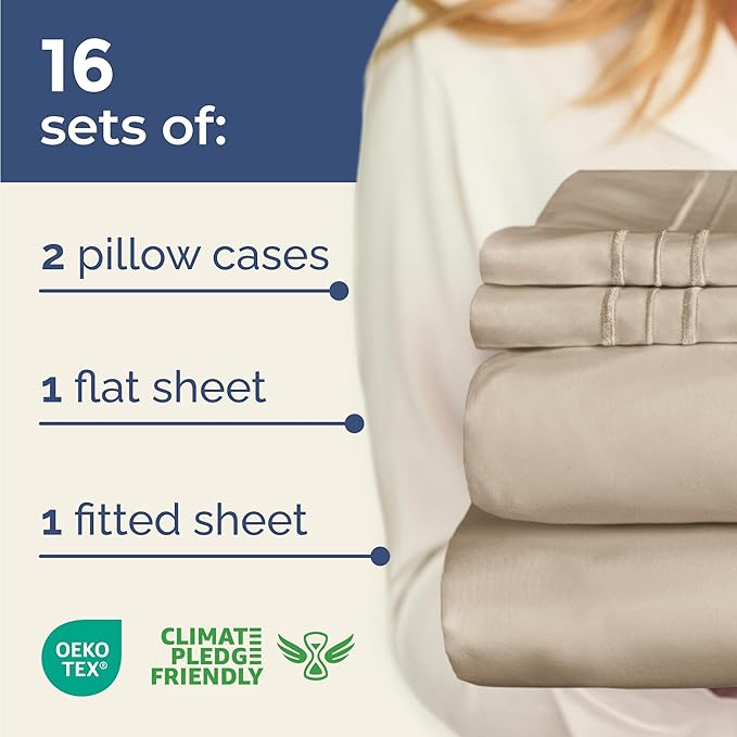 Bulk Case Pack of 16 Sheet Sets - (16) Complete Full Size Sheet Sets with Deep Pockets - Wholesale Bulk Bedding for Hotels, Spas & Airbnbs - Breathable, Cooling, Soft & Wrinkle Free - (Full, Wheat)