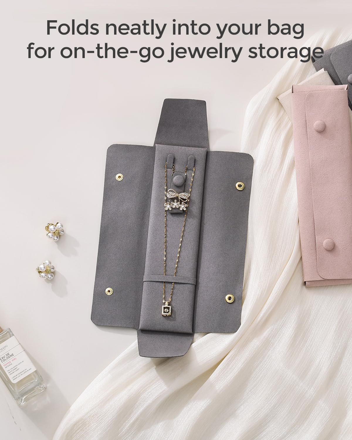 CASEGRACE Velvet Travel Jewelry Roll Bag Organizer for Necklaces, Rings, Earrings, Retaining Buckle, Anti-tangle, Everyday Storage Bag (Gray)