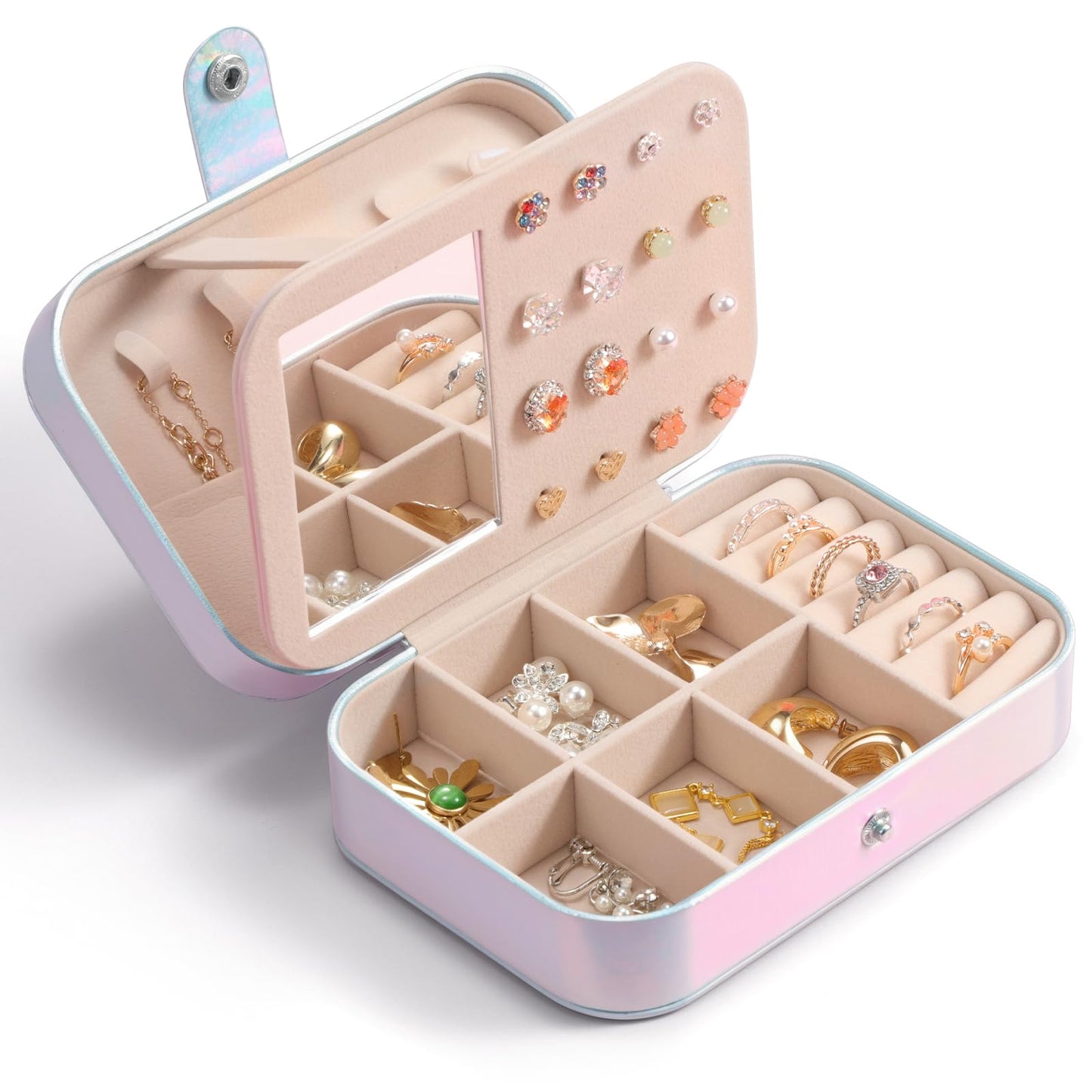 LAMU Travel Jewelry Box,Portable Jewelry Organizers and Stroage, Iridescent Rainbow Small Jewelry Case for Earrings Rings Necklaces,Travel Essentials for Women Girls Bridesmaid Gifts (Silver)