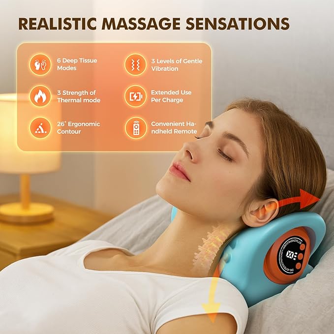Neck Massager 2025 Portable Neck Traction Device, Cervical Stretcher with Heating & Vibration – Relieve Muscle Tension, 3-in-1neck pillow Customizable Massage Modes with Wireless Remote Control