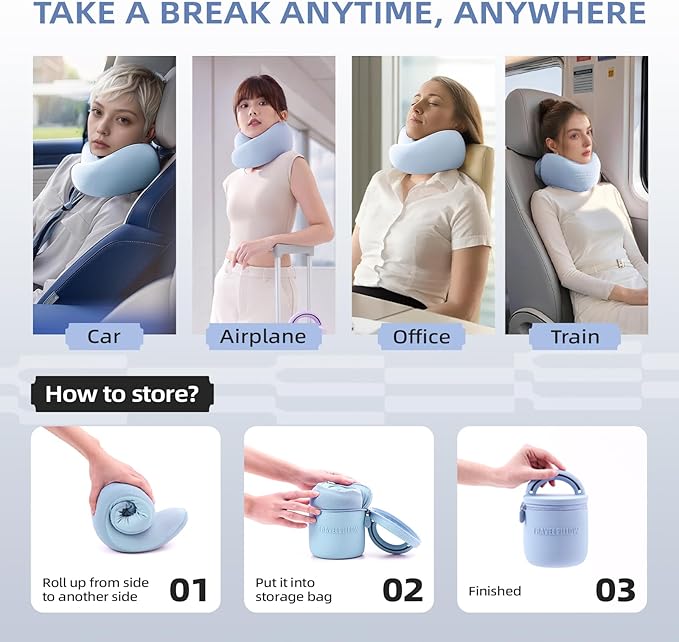 Travel Pillow - Memory Foam Neck Pillow Airplane, Neck Travel Airplane Pillow for Long Flight, 360º Support Plane Pillow, Machine Washable (Blue)