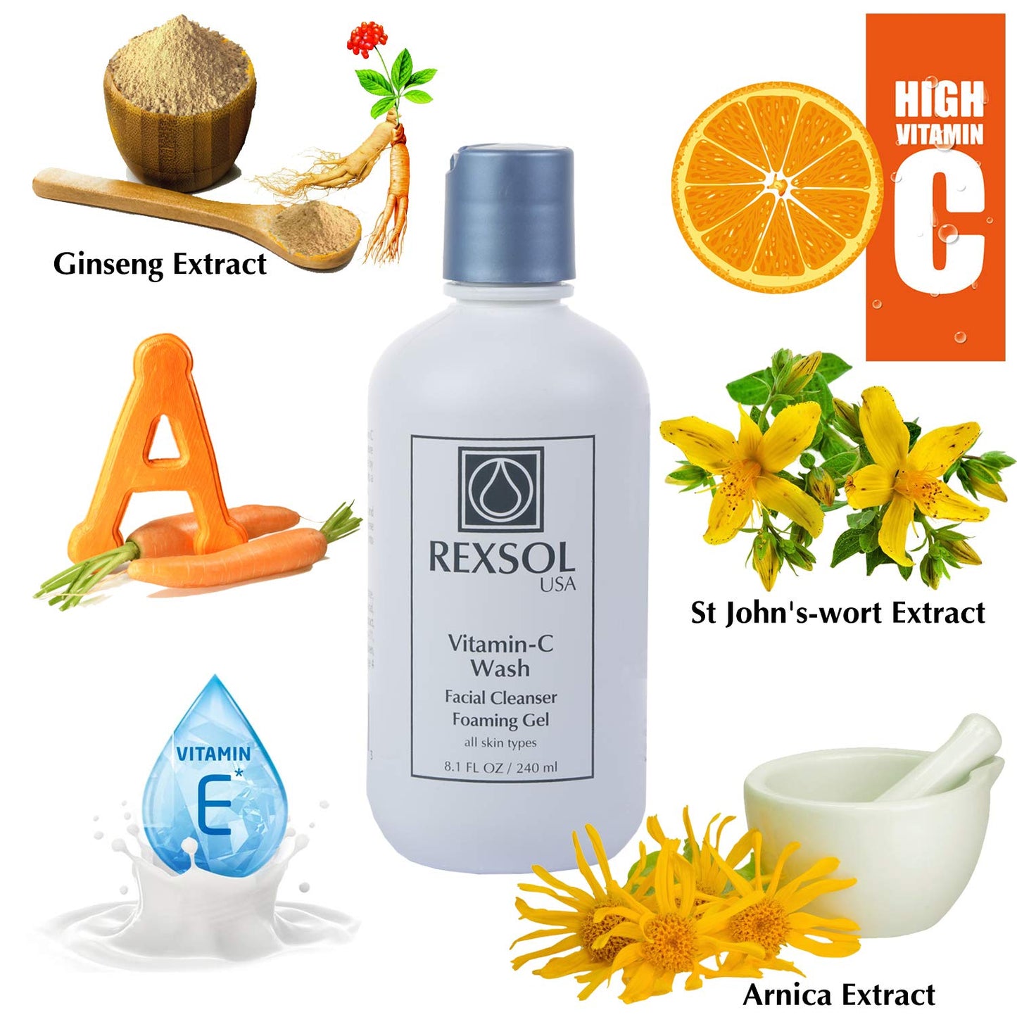 REXSOL Vitamin C Foaming Gel Face Wash | Anti-Aging Cleanser for Sensitive Skin | Natural Daily Facial Cleanser with Vitamins A & E - 8.1 OZ