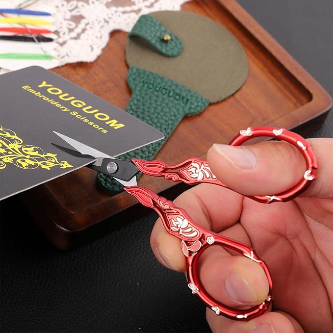 Antique Embroidery Scissors with Case, Needlework Scissors for Sewing Crafting Cross Stitch Crochet Yarn, Detail Shears Threading Snips Vintage Golden Red