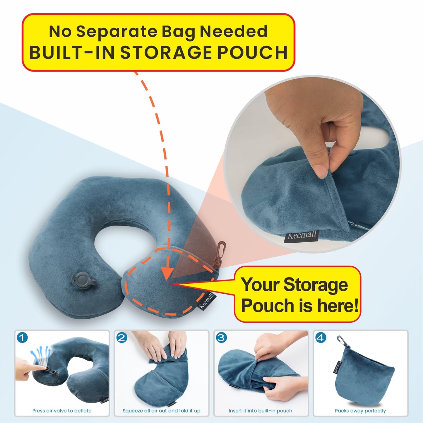 Keemall Inflatable Travel Neck Pillow for Airplane Train Car Washable Pillowcase U Shaped Office Napping Pillow