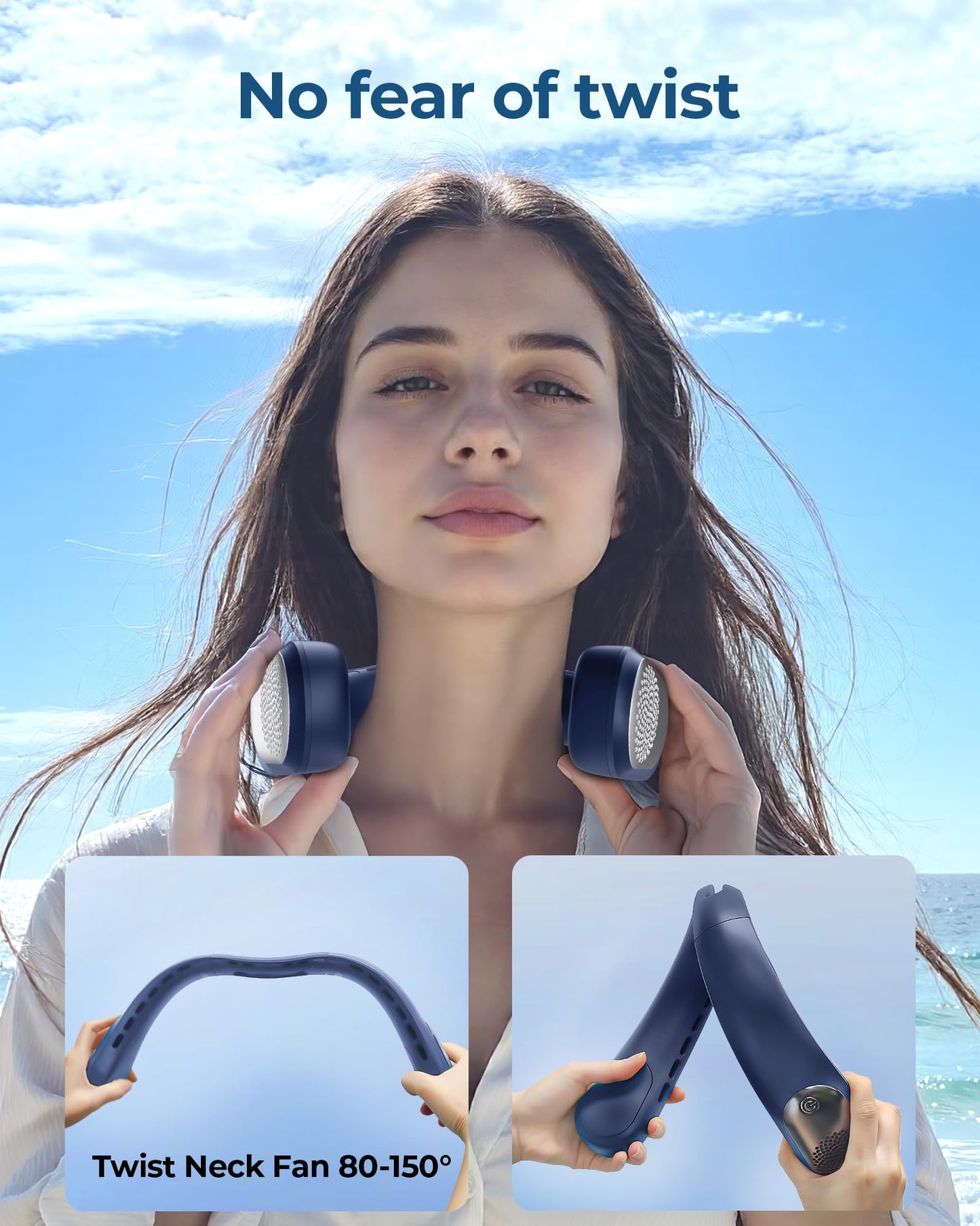 wegte Portable Neck Fan Rechargeable, 3 Speed Settings, Wearable Bladeless Neck Fan, 360°Personal Fan Neck Cooler with 4000mAh Battery,Twistable Lightweight and Quiet–Birthday Gift for Women-Blue