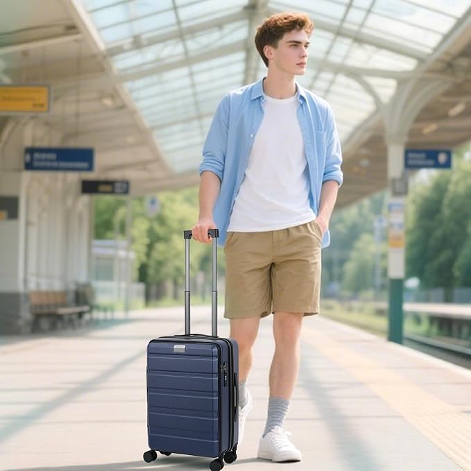 KROSER Carry On Luggage with Spinner Wheels & Built-in TSA Lock, Expandable Top Loading Hard Shell Suitcase Large Capacity Durable Rolling Luggage with USB Port, Carry-On 20-Inch, Navy