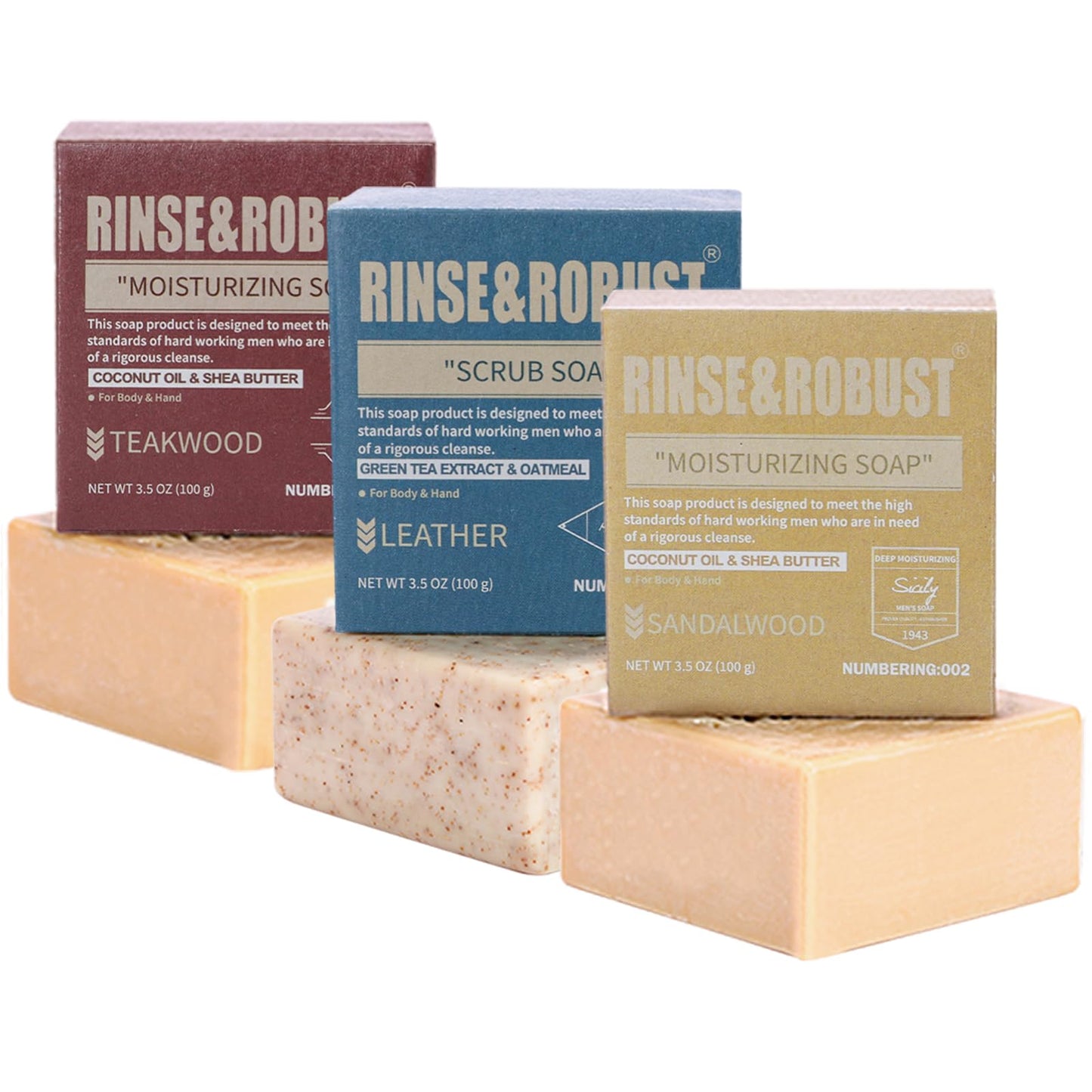 Rinse & Robust Mens Bar Soap Bath Bar Soap 3Pack Handmade Natural Soap Bar Set Cleansing Bar Moisturizing&Exfoliating Scrub Soap Gift Set for Men | Leather, Sandalwood, Teakwood | 3.5 oz of 3 Bars