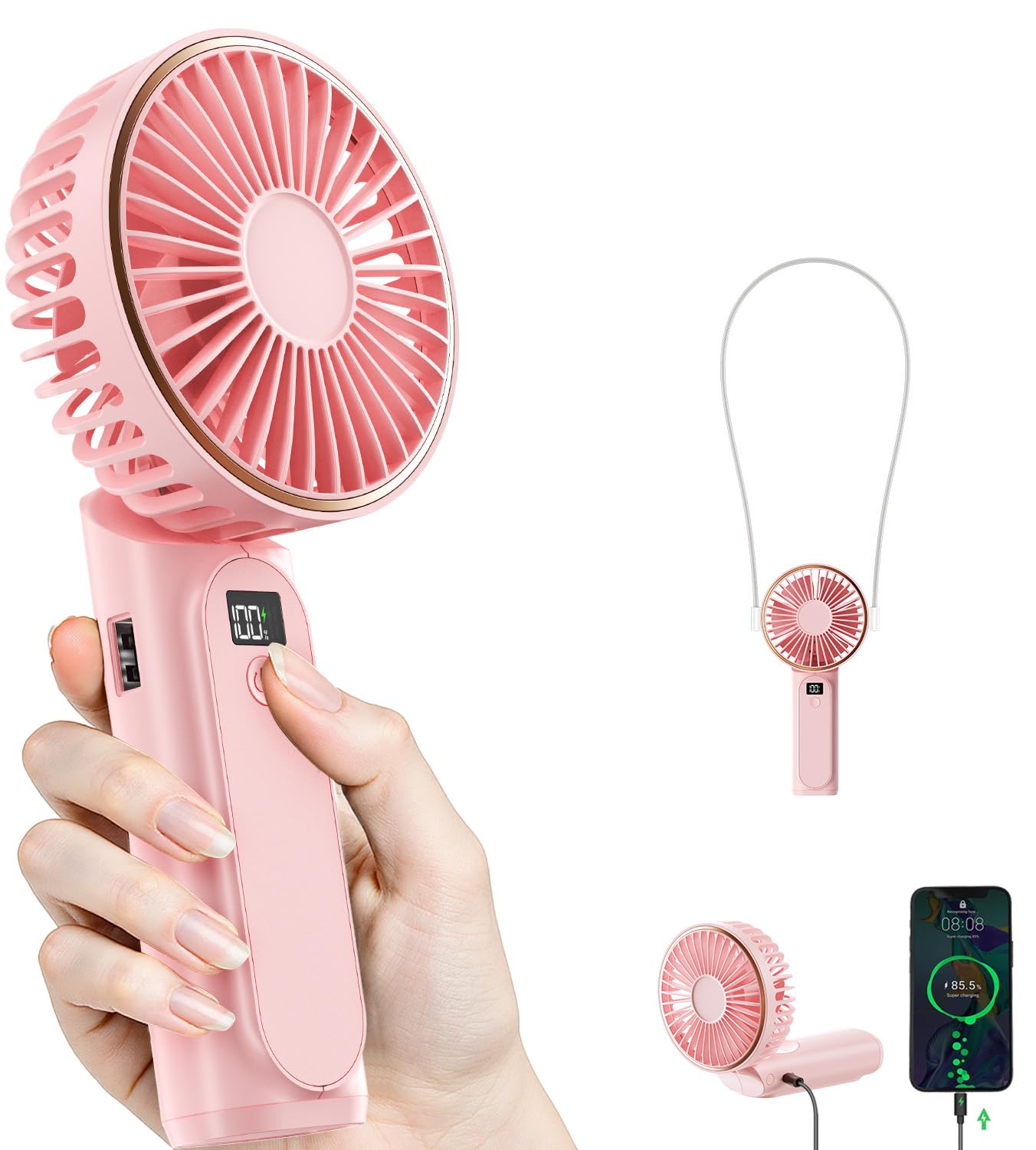 TUNISE Portable Handheld Fan, 4000mAh, 180 Adjustable, 6 Speed Wind, USB Rechargeable Foldable Fan with Real-Time Display