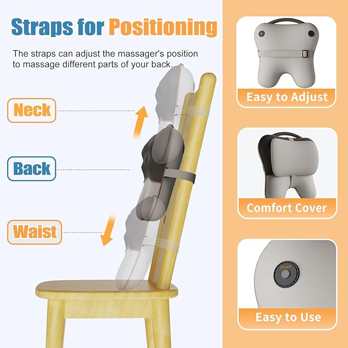 Shiatsu Neck and Back Massager with Heat, Back Massager for Pain Relief Deep Tissue, Massager for Neck and Shoulder Pain, Massage Pillow with Cover, Adjustable Straps & Portable Handle (No Battery)