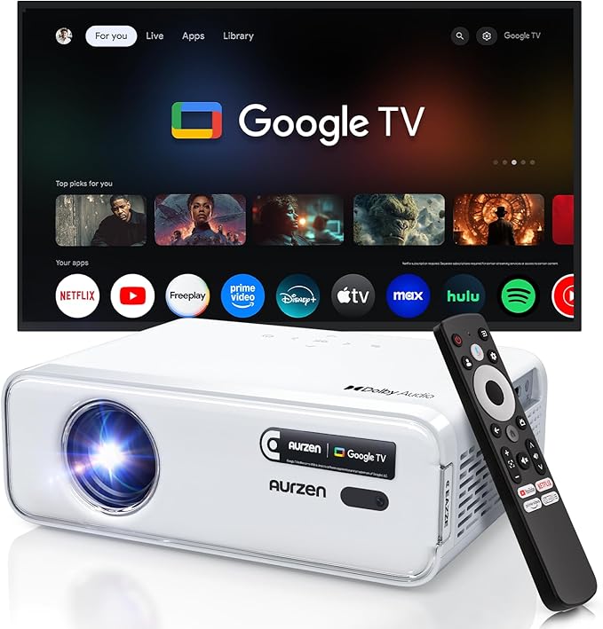 Aurzen EAZZE D1G 4K Supported Google TV Smart Projector with WiFi & Bluetooth, Auto Focus & Keystone, Dolby Audio, Zoom, Movie, Portable Mini Projector for Home & Outdoor Use