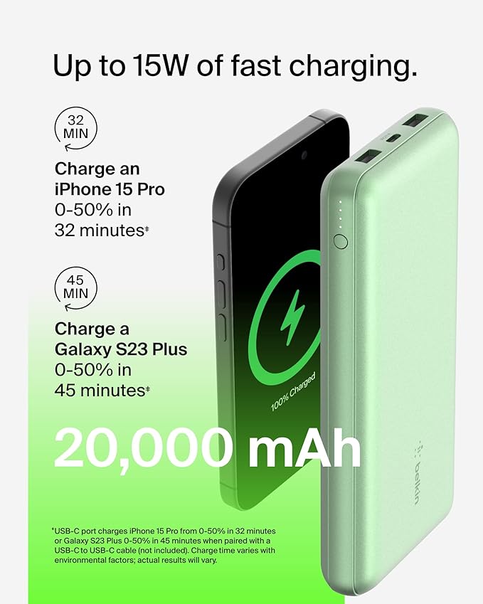 Belkin Portable Charger, USB-C Power Bank 20000 mAh w/ 2X USB-A Ports, 15W w/Type-A to Type-C Cable for iPhone 17, Air, Pro, Samsung Galaxy S25, iPad, Nintendo Switch 2, Google Pixel 10, etc. - Green