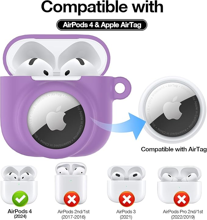 2 in 1 Silicone Case Compatible with AirPod 4 and AirTag, Shockproof Protective Skin Cover for AirPods 4th Generation with Cleaner Kit & Carabiner (Purple)