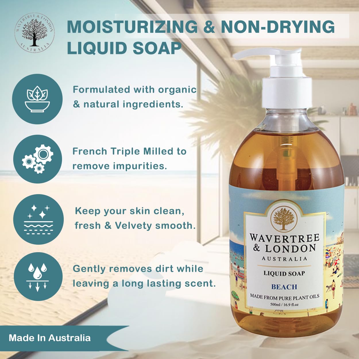 Wavertree & London Natural Liquid Soap Bottle with Dispenser Pump, Beach Scented Liquid Hand Soap for Bathroom, Kitchen - Australia Made Moisturizing Plant Oil Body & Hand Wash Soap