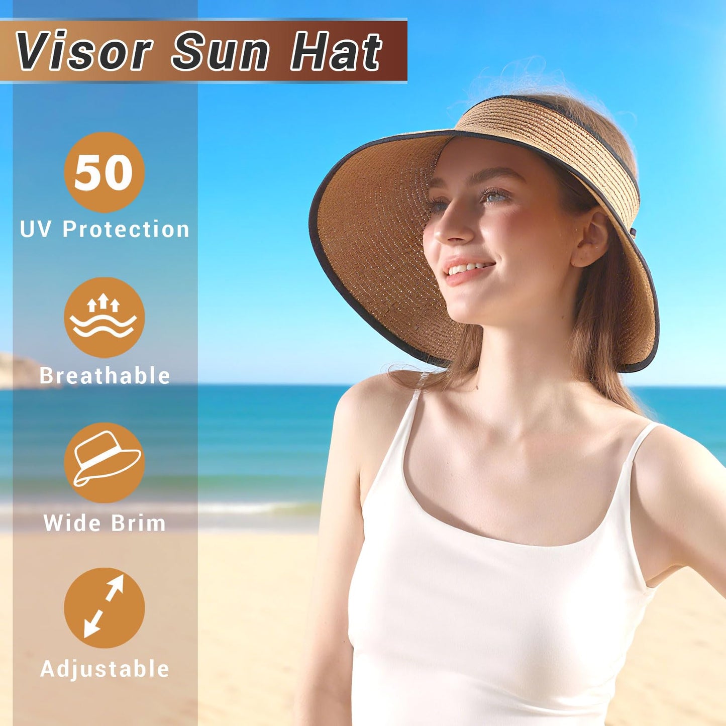 Sun Visors for Women Wide Brim Beach Hat Foldable Straw Visor Hat Ponytail Summer Packable Black