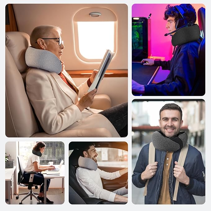 Cozi Travel Pillow for Airplane,100% Pure Memory Foam Airplane Pillow with Inflatable Adjustable Neck Pillow for Women Men Traveling Sleeping Long Flight Portable Plane Accessories Deep Gray