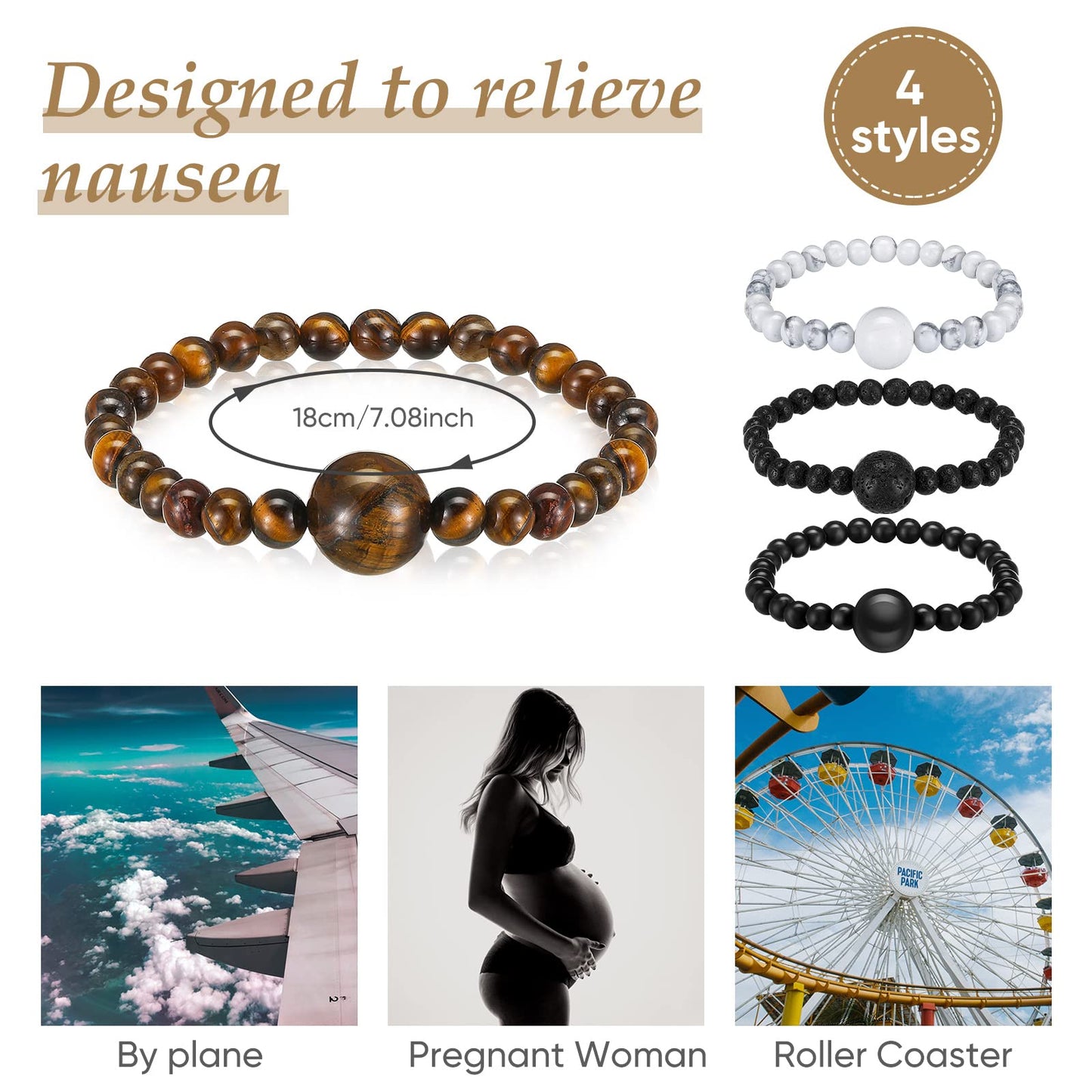 Yinkin 4 Pcs Anti Nausea Wristband Adjustable Acupressure Motion Sickness Bracelet Wristband Anti Dizzy Bracelet for Relieving Nausea Morning Car Travel Sickness(Elegant Style)