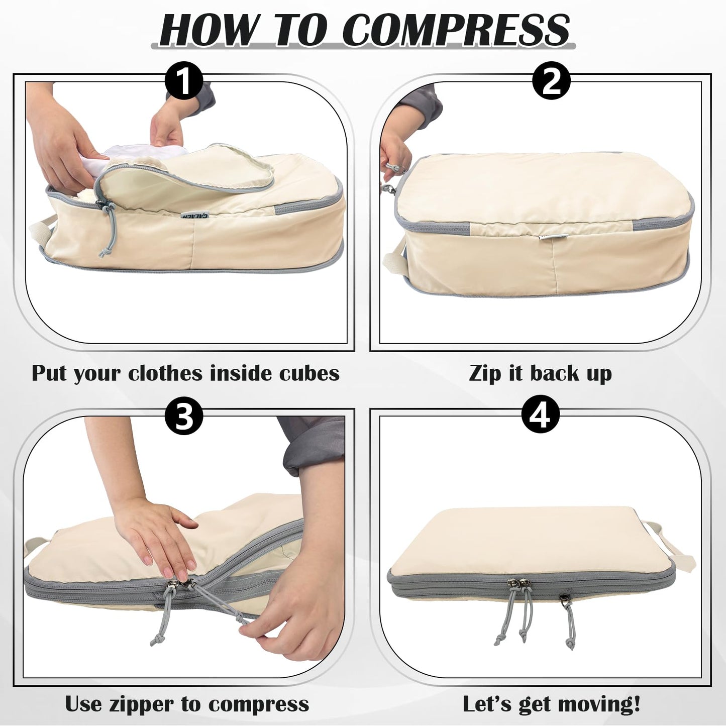 Compression Packing Cubes for Travel Essential, 2 Set Compression Bags Travel Cubes for Packing Suitcase Luggage Organizer Bags Set, Beige