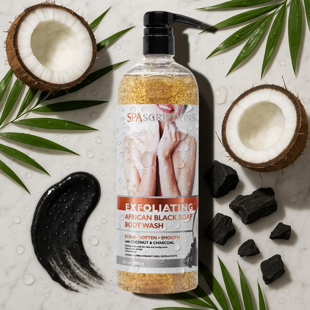 SpaScriptions Exfoliating African Black Soap Body Wash with Coconut & Charcoal (33 fl oz) Body Scrub with Natural Coffee & Walnut Shell Exfoliants, Nourishing Body Care for Women and Men, Cruelty Free