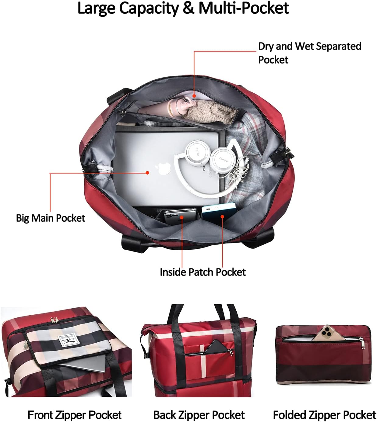 NWLR New Foldable Dry/Wet Separation Travel Duffel Bag with Shoe Compartment Large Capacity Folding Weekender Overnight Bag Lightweight Waterproof Gym Tote Bag (F-Khaki)