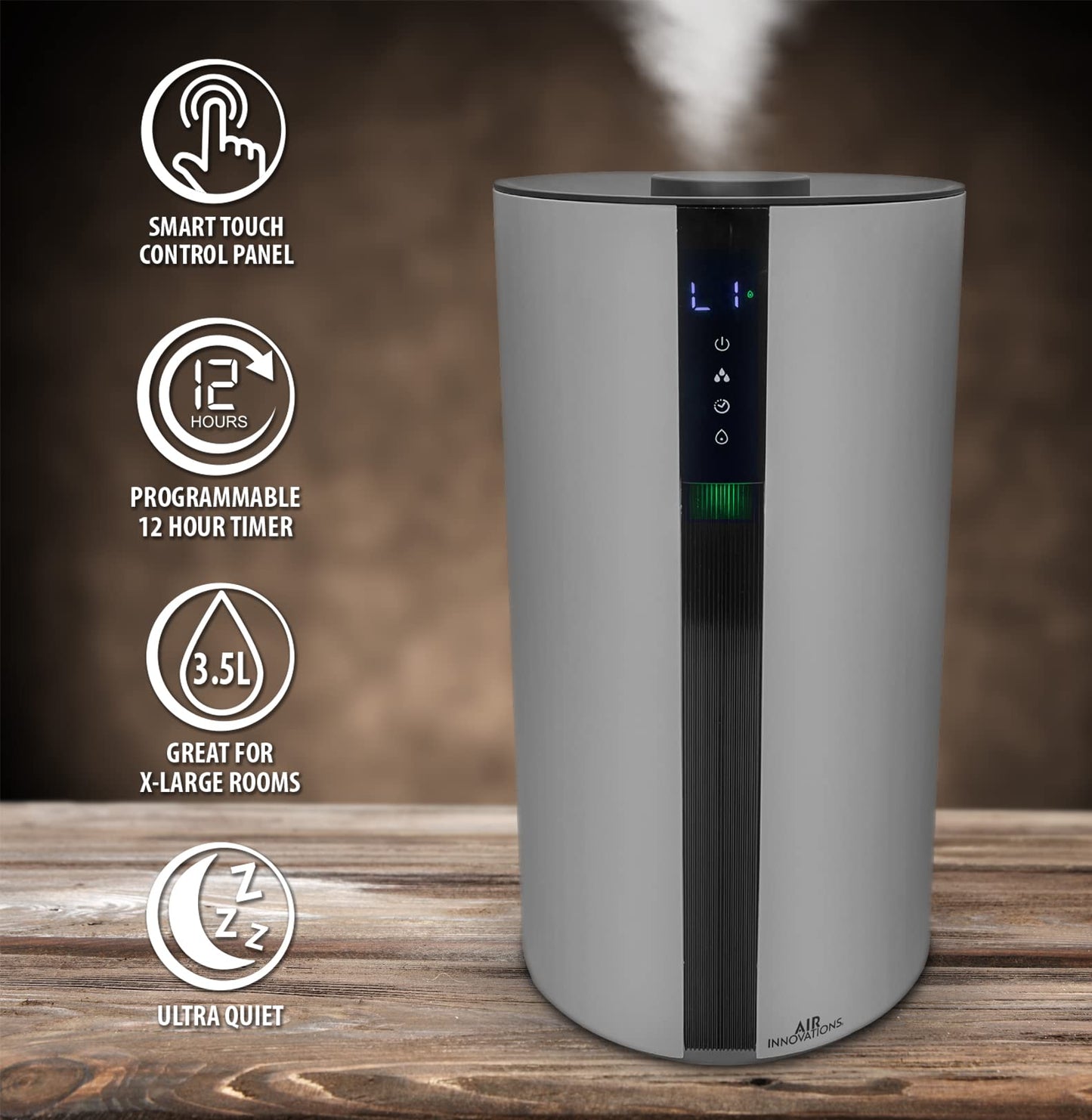 Air Innovations AI-104 Ultrasonic Cool Mist Humidifier for Large Bedroom – Quiet Cool Diffuser with 3.5L Tank, 35-Hour Runtime, Auto Shut-Off, Top-Fill Design – Ideal for Home, Baby, & Plant Rooms