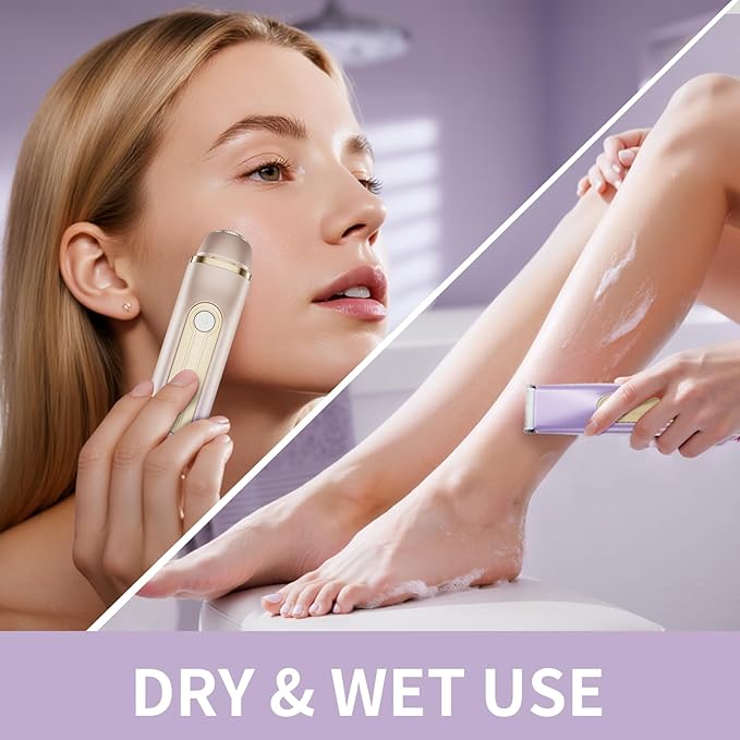 Bikini Trimmer for Women, 2-in-1 Dual Head Electric Shaver for Women, IPX6 Waterproof, Painless Body Hair Trimmer and Facial Hair Remover for Underarm, Leg, Arm, Face, Purple