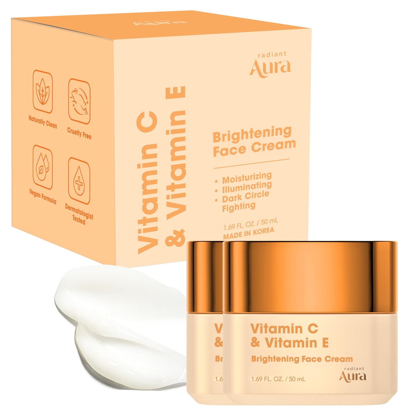 Radiant Aura Vitamin C & E Face Cream - Anti-Aging Moisturizer for Deep Hydration - Premium Daily Formula for Dry Skin, Wrinkle Care & Skin Barrier - Pack of 2-1.67 oz / 50ml