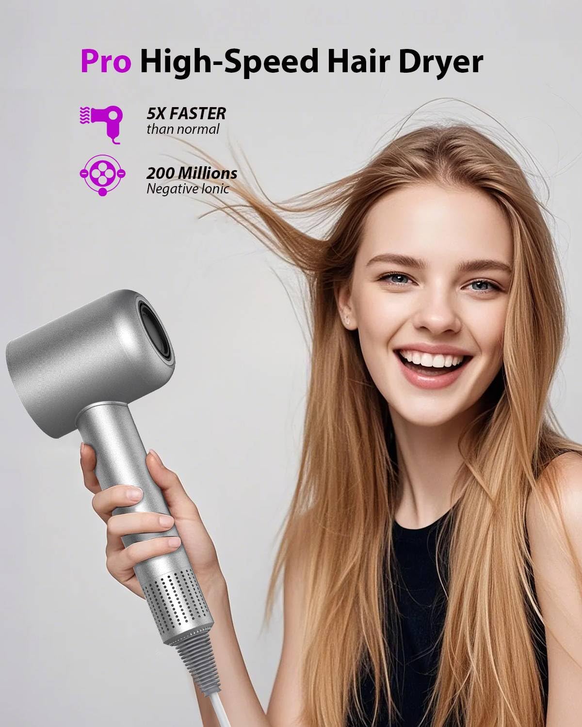 Hair Dryer, 3 Min Fast Drying-160000 RPM Professional High Speed Blow Dryer 200 Millions Negative Ionic Care Hair Dryer, Low Noise Thermo-Control Hairdryer, Travel with Magnetic Nozzle, Gray
