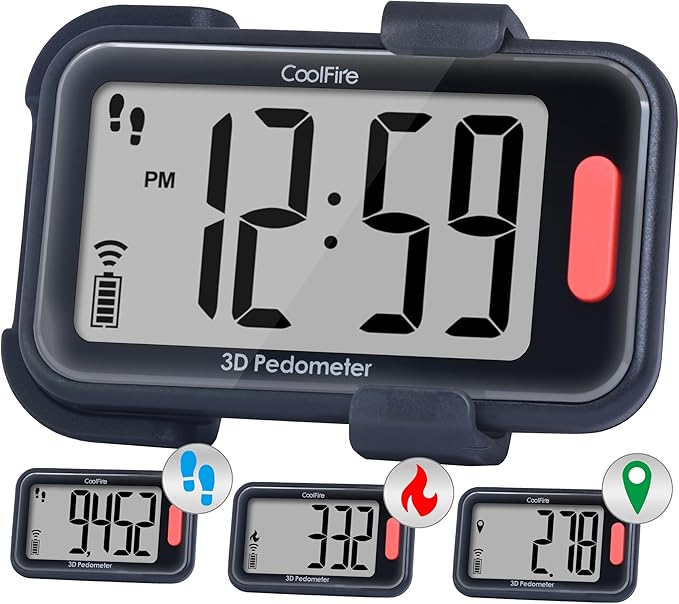 CoolFire - Pedometer, 2025 Indoor & Outdoor 3D Clip-On Pedometer, Accurate Step Counter for Walking Steps and Miles, Calories, Ankle Step Tracker for Fitness, Optional App