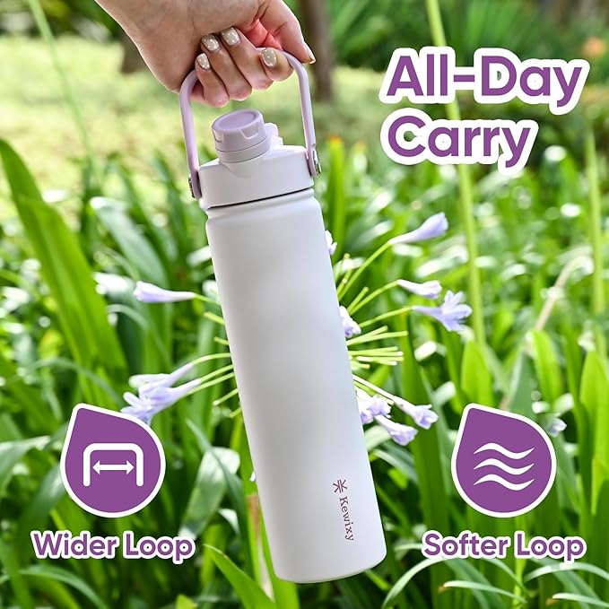 24 oz Insulated Water Bottle, 2-in-1 Lid, Straw & Spout with Protected, Leak Proof, Keep Cold, Stainless Steel, Metal, Reusable, Handle, for Travel, Gym and School, 2 Lids, Pale Mauve