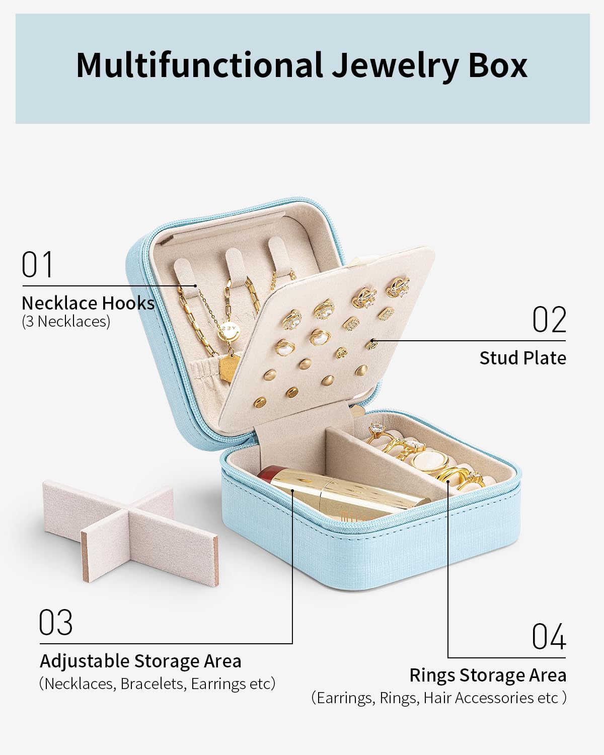 Vlando Travel Jewelry Case, Small Travel Jewelry Organizer Box for Girls Women - Blue