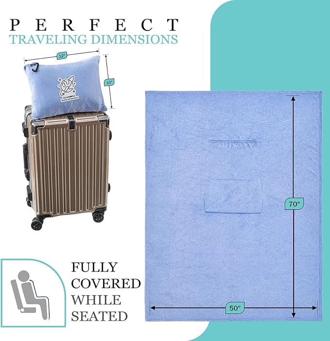 Commollis 2-in-1 Travel Blanket & Pillow for Airplane, Car, Train - Warm Compact Flight Blanket with Luggage Strap & Backpack Clip, Machine Washable, All-Season Use