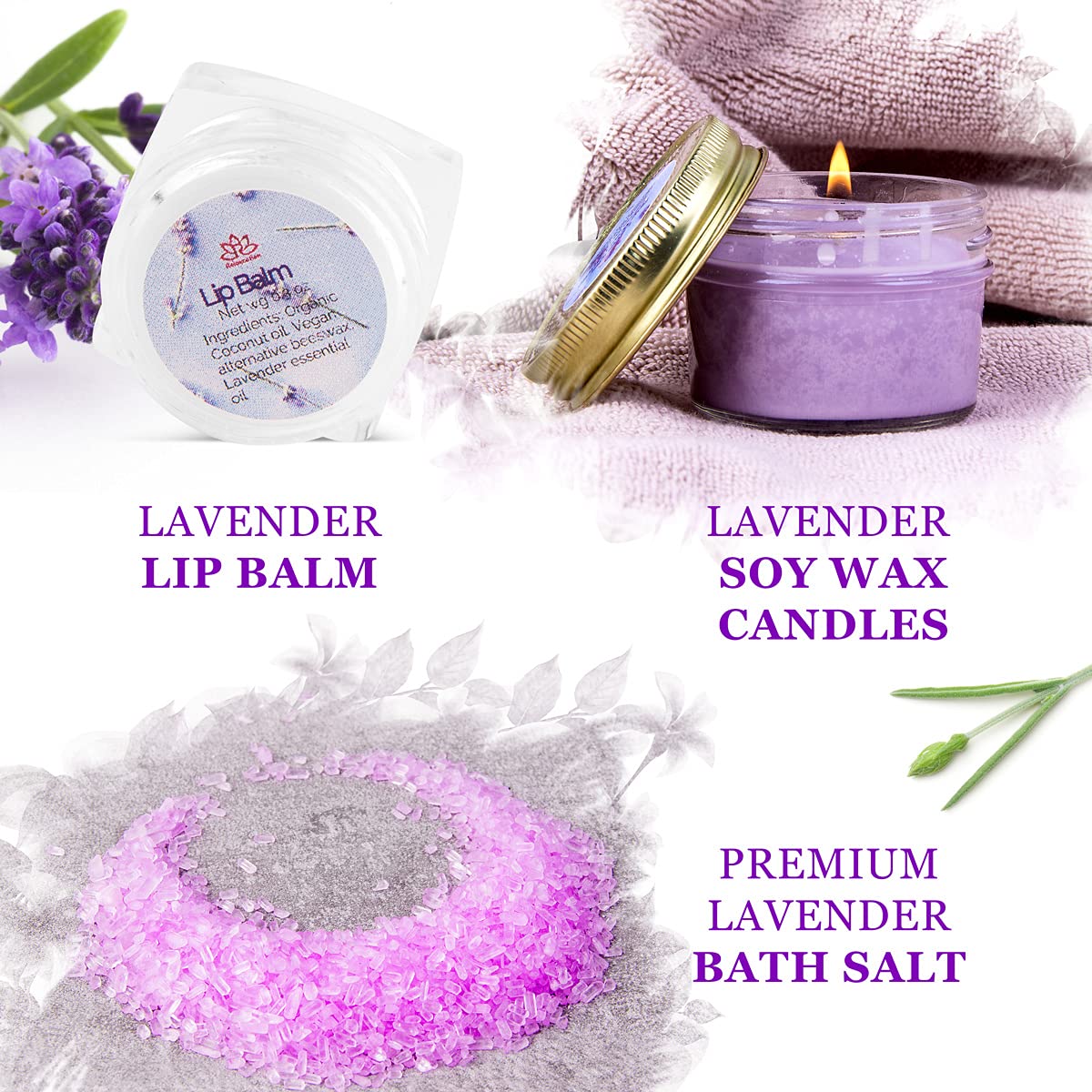 Gift Basket for Women Organic Lavender Gift Set, Bath and Body at Home, Spa Kit, Soy Wax Candle, Natural Oil Bath Salt, 3 Bath Bombs, Soap Bar, Body Sugar Scrub, for Mom, Girls - Made in USA