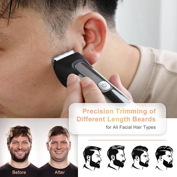 Beard Trimmer for Men – Stainless Steel Electric Razor & Shaver, Cordless Hair Clippers Grooming Kit, IPX7 Waterproof Nose Ear Face Body Trimmer, USB-C Rechargeable with Travel Lock, Gifts for Men