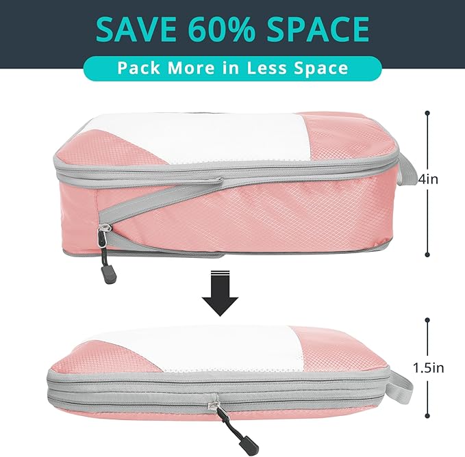 9 Set Compression Packing Cubes for Travel - Compressible, Lightweight, and Space-Saving Packing Cubes, Travel Essentials for Women, Pink
