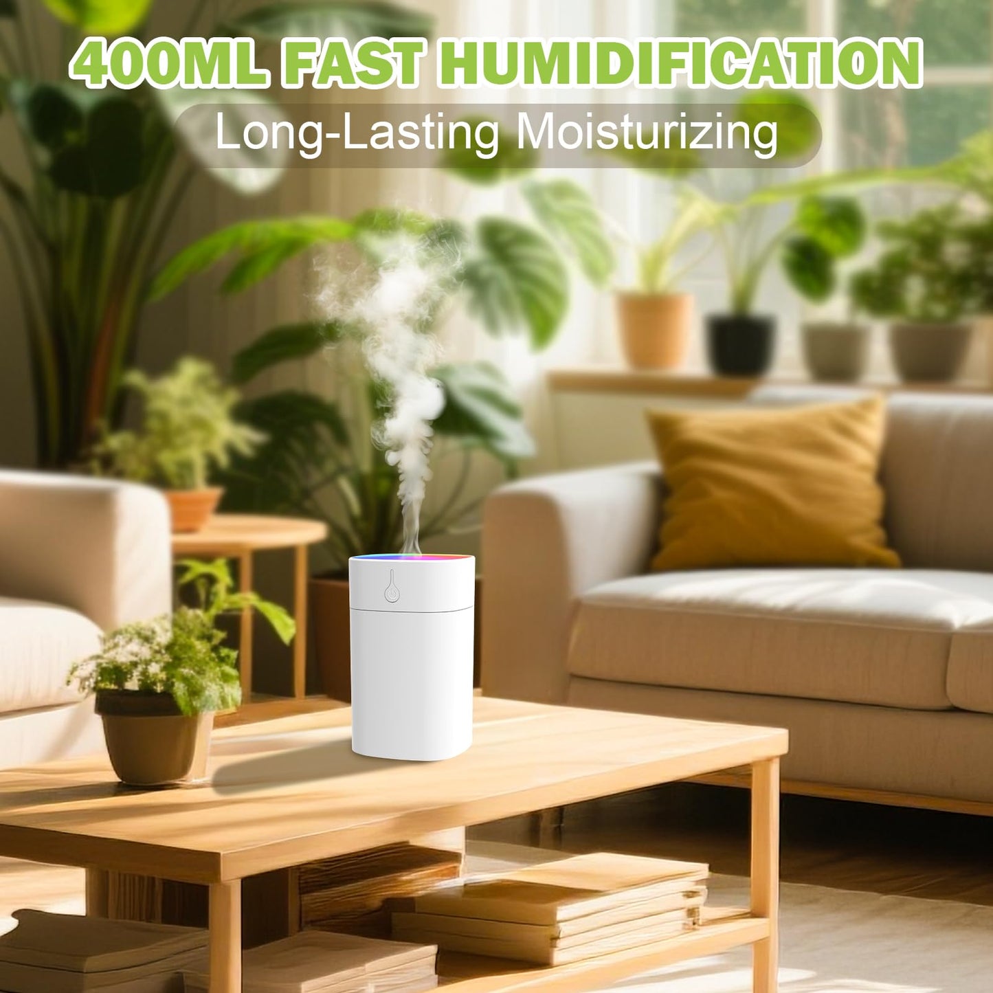 Portable Mini Humidifiers for Bedroom, 400ml Aroma Diffuser for Home Personal Desktop Plant Humidifier Indoor Fragrance Aroma Diffuser with 2 Modes, Night Light and Auto-Off Small Diffuser for Car