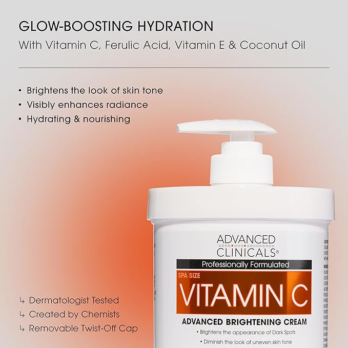 Advanced Clinicals Vitamin C Cream Visibly Brightening Body Lotion | Vitamin C Moisturizer Skin Care Body Cream For Women & Men Helps Visibly Improve Look Of Dark Spots & Uneven Skin Tone, 16 Ounce