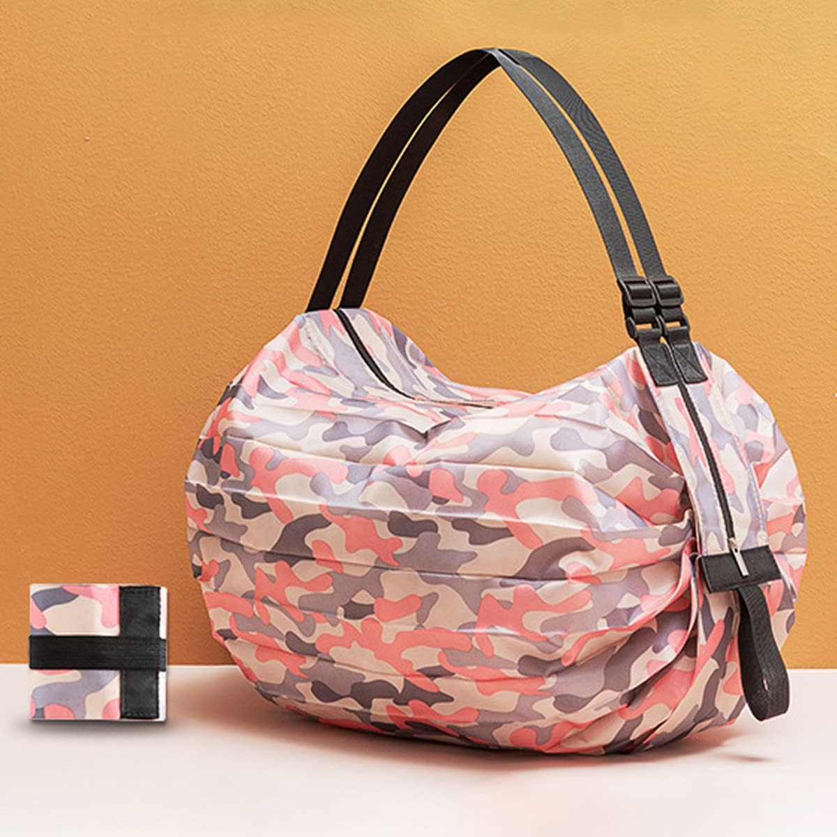 Lllunimon Foldable Reusable Grocery Tote Bags Organ Style Fold Iridescent Large Capacity Portable Shopping Bag - Navy & Pink