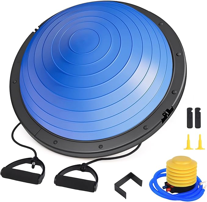 Balance Ball Trainer, 26 inch Half Exercise Ball with Resistance Bands, Home Gym Full Body Workout Equipment, Blue