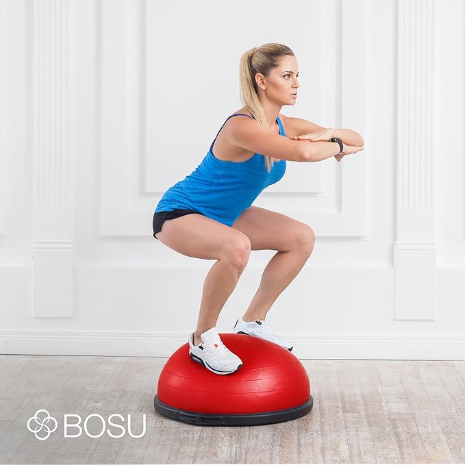 Bosu Balance Ball Exercise Trainer, Home Gym Equipment w/ Guided Workouts & Pump, 26", Blue - Inflatable Fitness Platform for Strength Training, Standing, Balancing, and Core Workout