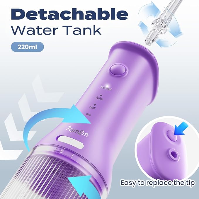 7AM2M Portable Water Flosser Cordless, Water Flosser for Teeth with 3 Modes and 2 Jet Tips, USB C Rechargeable, IPX7 Waterproof, Dental Water Flosser for Travel and Home Use (Purple)